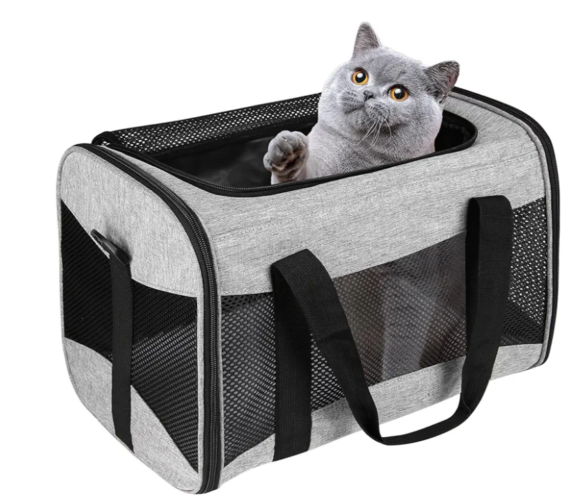Cat Carrying Case - Pet Carrier Airline Approved, Protable and Breathable Pet Travel Carrier Removable Fleece Pad, Collapsible Cat Carrier Dog Carrier for Medium Cats Small Cats Dogs (Grey&Black M)
