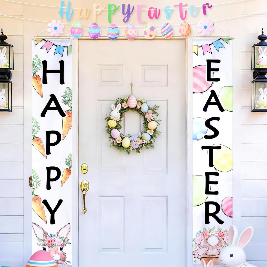 3 Pack Happy Easter Welcome Banner for Front Door, Hanging Easter Bunny Rabbit with Eggs and Daisy Porch Sign, Spring Holiday Home and Office Farmhouse Decor