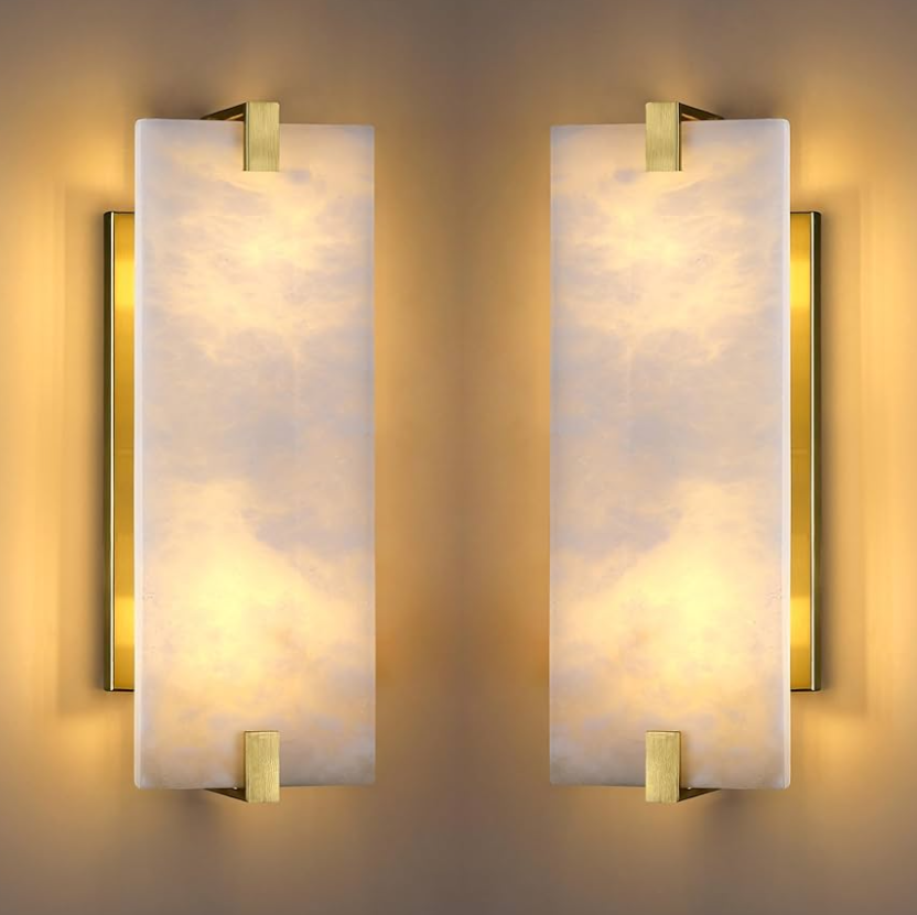 Doraimy Lighting 2 Pack 4 Light Square 20.75" Alabaster Marble Bathroom Wall Sconce Modern Concise Style Wall Light Fixture, Gold Finish for Bedroom Hallway Bedside