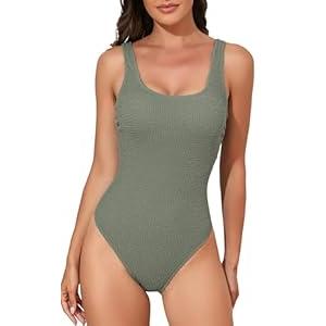 B2prity Women's One Piece Swimsuit Slimming High Cut Bathing Suit Ribbed Tummy Control Swimwear Army Green