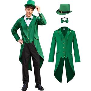 Arvilhill 2 Pcs Men's St. Patrick's Day Costume Leprechaun Outfit Steampunk Tailcoat Hat (XL)