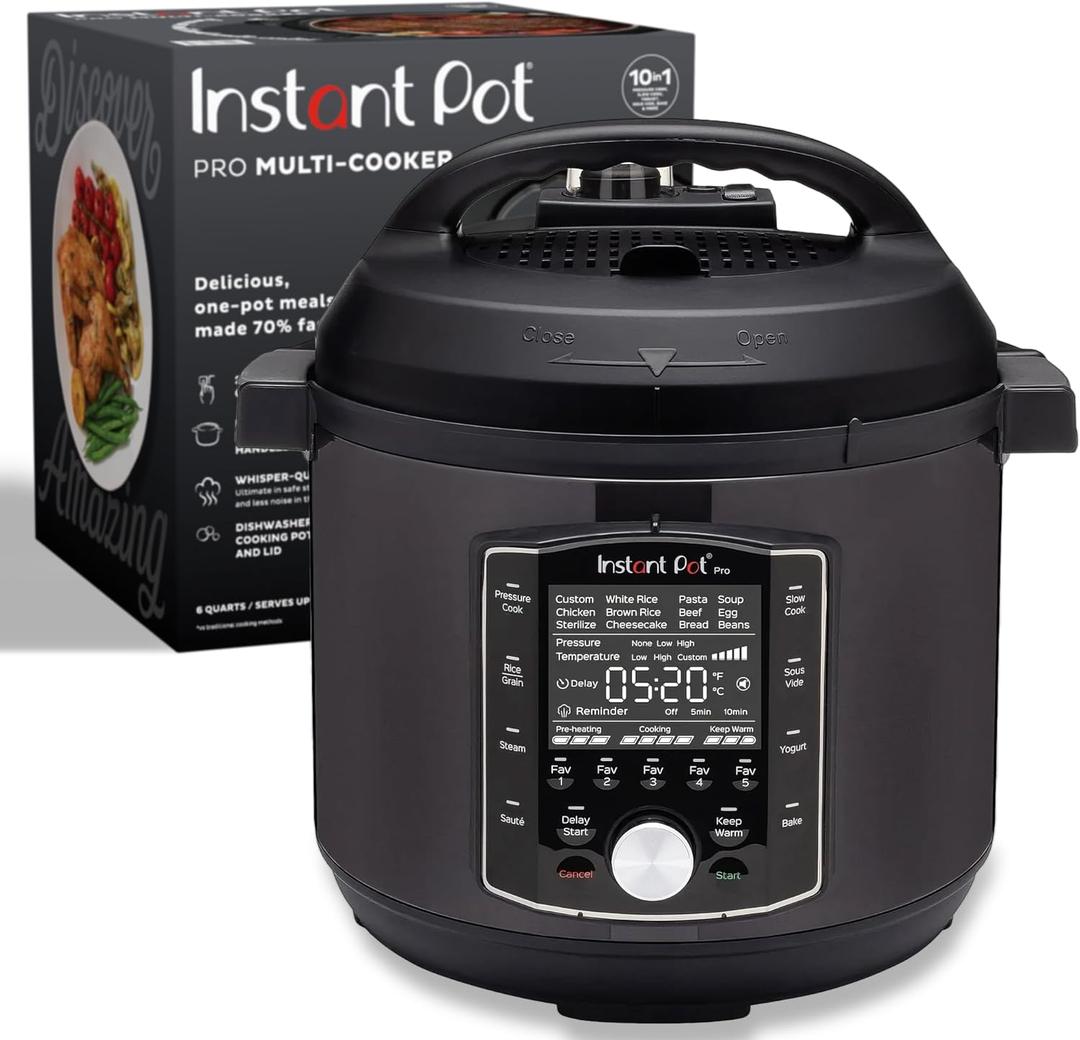 Instant Pot Pro 10-in-1 Pressure Cooker, Slow Cooker, Rice/Grain Cooker, Steamer, Saut, Sous Vide, Yogurt Maker, Sterilizer, and Warmer, Includes App With Over 800 Recipes, Black, 6 Quart (6 Quarts)
