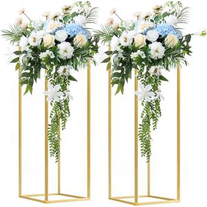 2 pcs 31.5inch/80cm Gold Vases for Centerpieces Metal Column Geometric Flower Stand,Wedding Centerpieces Stand Rectangular Flower Display Rack for Wedding, Party Decoration