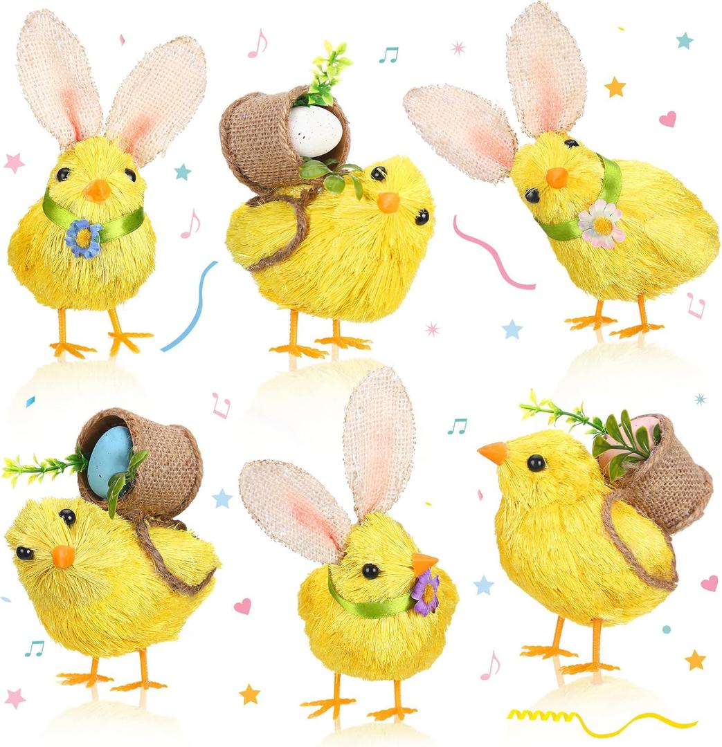 Syhood 6 Set Sisal Chick Easter Decorations with Jute Baskets and Eggs, Yellow Sisal Chick for Decorative Display or Gift Baskets, Crafting or Easter