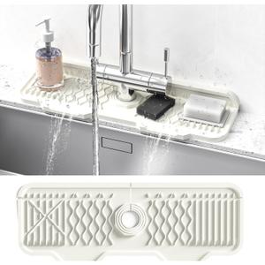 Silicone Faucet Mat Splash Guard, Sink Protectors for kitchen Faucet Mat, 17.1 x 5.9 Inch, Sink Splash Guard Behind the Faucet, Keep Kitchen and Bathroom Sinks Dry (Beige B)
