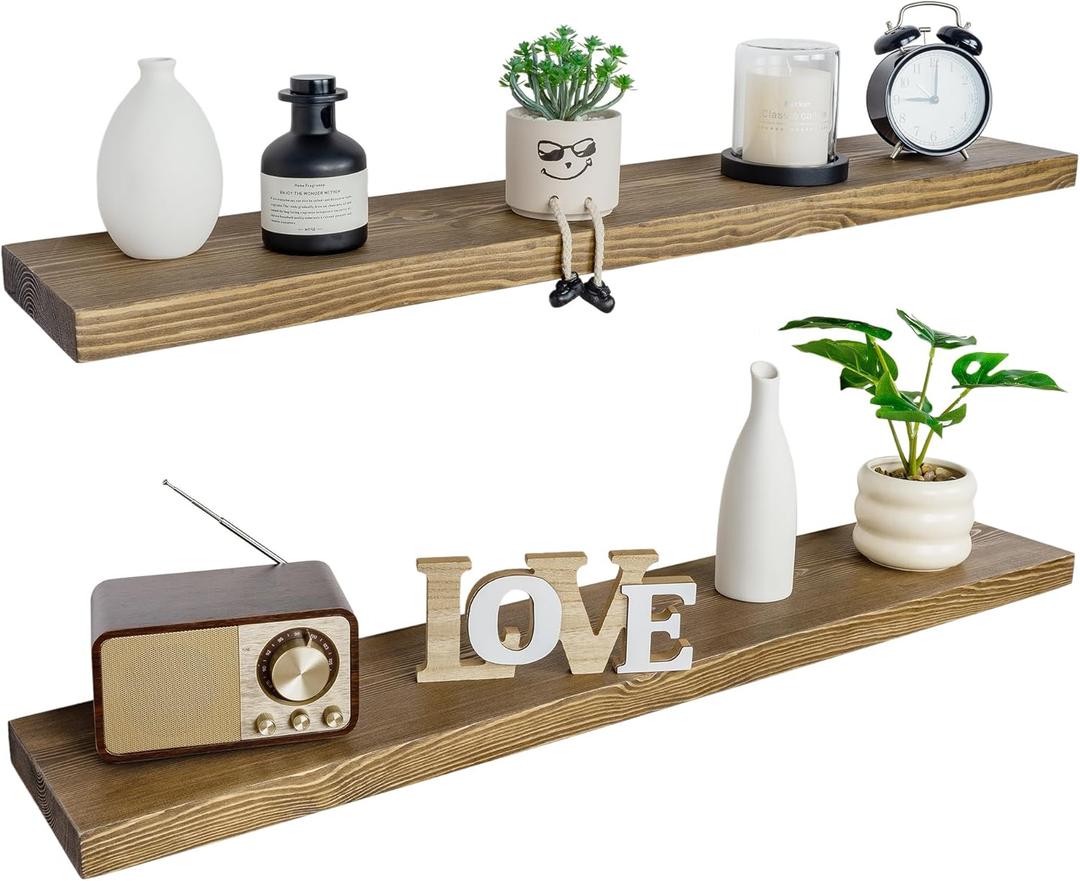 BGMG Floating Shelves for Wall 48 inch Long Set of 2,Wide Rustic Wooden Wall Shelves for Bathroom Living Room Bedroom Kitchen Farmhouse-48x6.7x1.25 inch- Dark Walnut