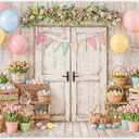Fabric 7x5ft Spring Easter Photography Backdrop White Rusitc Wood Door Rabbit Colorful Eggs Flowers Balloons Background Kids Family Party Decorations Photo Props