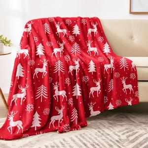 Christmas Throw Blanket - Luxurious Red Reindeer and Tree Design, Soft, Plush Microfiber Fleece, Perfect for Couch, Sofa, Bed, Cozy Lightweight Winter Decor, 50" x 60"