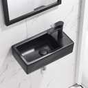 Wall Mount Corner Bathroom Sink with Faucet-Bokaiya 18 Inch Small Bathroom Sink Matte Black Porcelain Ceramic Cloakroom Mini Wall Mount Floating Vessel Sink with Faucet and Drain Combo, Right Hand, 18" L X 9.8" W
