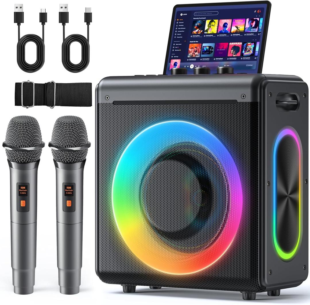 Karaoke Machine with 2 Wireless Rechargeable Microphones: Portable Bluetooth Speaker for Adults & Kids - PA System with Lights Supports TWS/TF Card/USB/AUX for Home Party