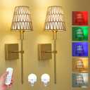 Rattan Battery Operated Wall Sconces Set of Two, Boho Gold Wireless Wall Lights with Remote and Dimmable Bulbs, Mid Century Rechargeable Wall Lamps with Rattan Shade for Bedroom Living Room (Gold)