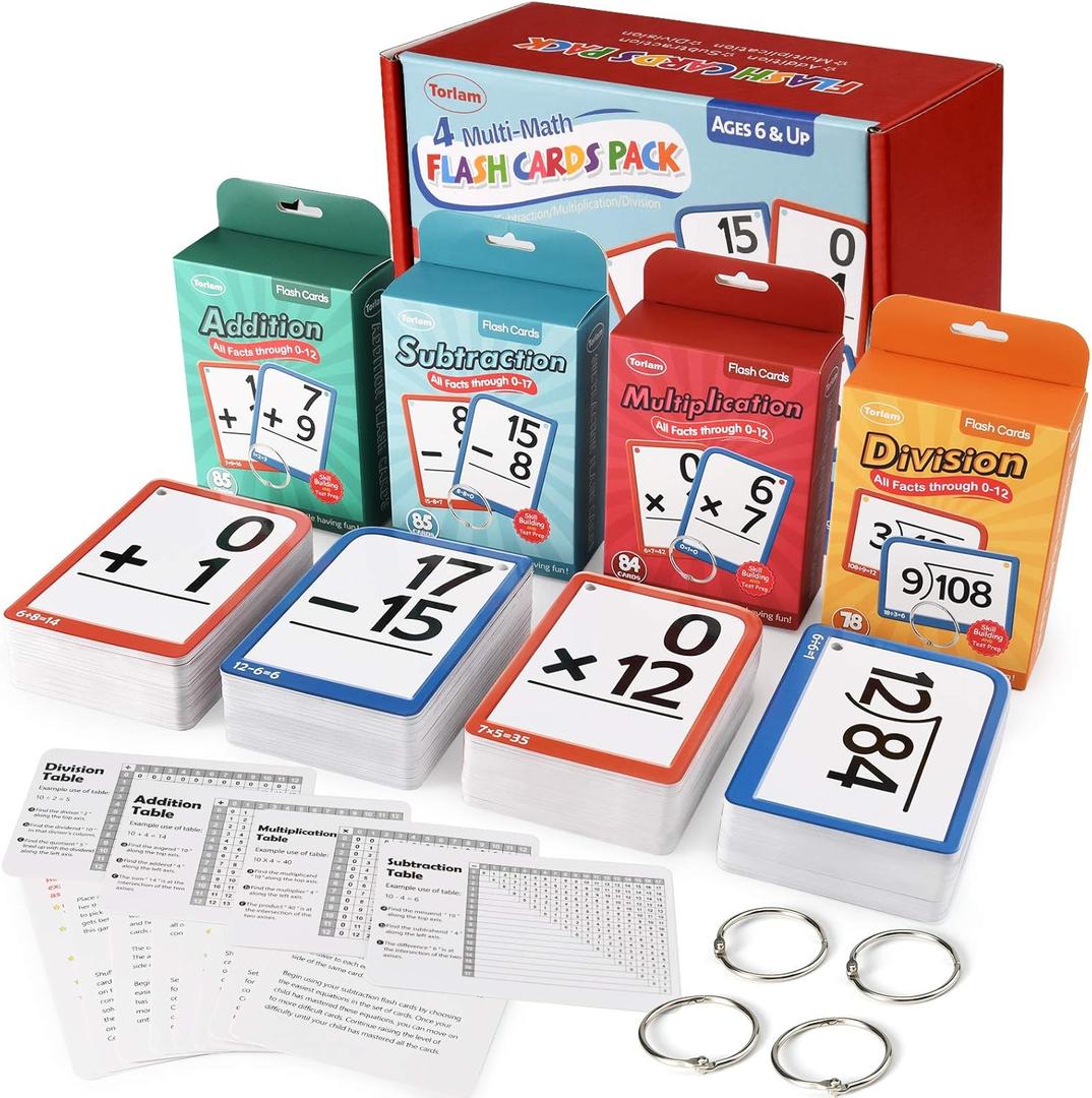 Torlam Multi Math Flash Cards for Kids Ages 4-8 - Addition, Subtraction, Multiplication, & Division - All Facts 0-12 with 4 Rings, Math Games for Kids 6-8 3rd 4th 5th 6th Grade - 332 Cards Total