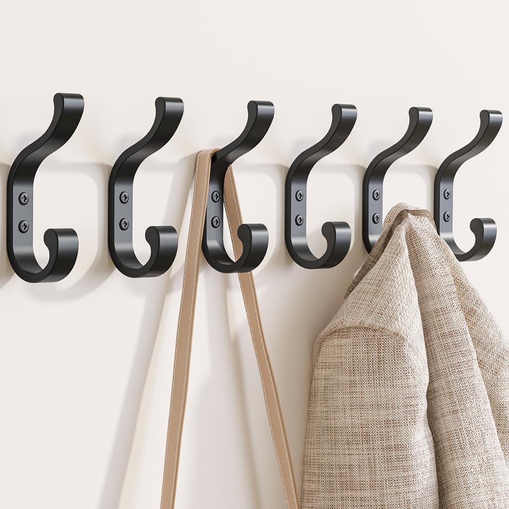 Wall-Mount Coat Hooks, Heavy Duty 30LB Hooks for Hanging Coats, Bags, Backpacks, Keys, Hats Black Metal Hooks for Wall, Door (6 Pack)