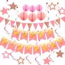 Birthday Decorations,Pink Happy Birthday Banner with Fairy lights,Pennant Banner,Honeycomb Balls and Star Hanging Swirls Streamer Happy Birthday Party Decorations for Women Men Boys Girls