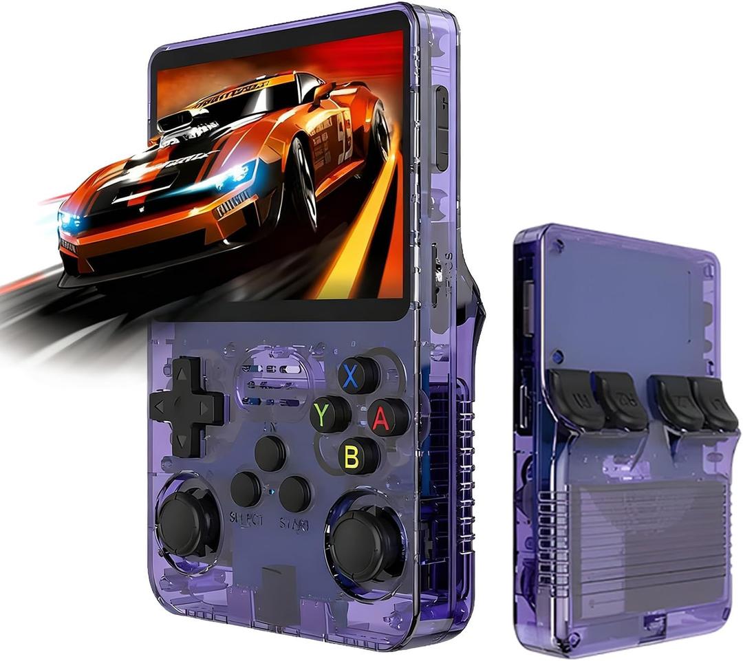 Retro Game Console R36S Handheld Game Console with 64GB Preloaded Games, Save/Load Function, 3.5" HD IPS Screen, Portable Emulator Console for Family, Adults & Nostalgic Players (Purple R36s 3.5")