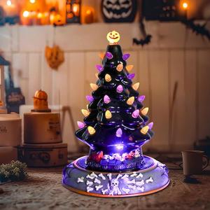 Halloween Decorations Lighted Ceramic Tree with Moving Train, LED Lights & Spooky Music, Battery Operated Tabletop Decor for Indoor - 10'' Purple/ Black