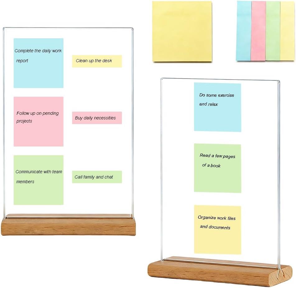 2 PCS Large-Size Monitor Memo Board with Removable Wooden Base, Acrylic Portable Sticky Note Holder for Computer Monitors, Transparent Message Board Sign with Sticky Notes