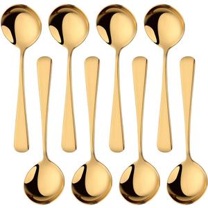 6.3 Inch Soup Spoons, Food-Grade Stainless Steel Round Spoon & Teaspoons Set, Durable Metal Dessert Spoons, Dishwasher Safe Silverware for Home & Restaurant (8, Gold)