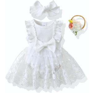 Renotemy Newborn Baby Girl Lace Romper Infant Summer Boho Flower Tulle Dress Party Gifts Newborn Photography Outfits (White)