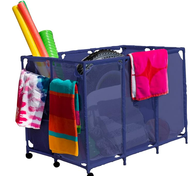 Essentially Yours Pool Noodles Holder, Toys, Floats, Balls and Floats Equipment Mesh Rolling Storage Organizer Bin, Extra-Large, (47.2" W x 30.2" L x 34" H), Blue Style 455119