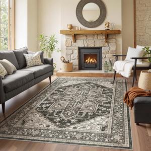 WITSHOCK Living Room Area Rugs 5x8: Washable Rug Boho Soft Non-Slip Low Pile Stain Resistant Foldable Carpet for Bedroom Playroom Dining Room Office Kitchen Farmhouse Home Decor Rug-Bitter Black