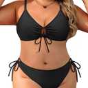 Women's Plus Size Triangle Bikini Set, Sexy Tie Front Two-Piece Swimsuit Black 16 Plus