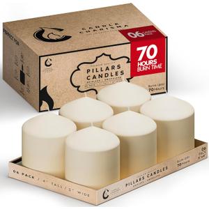 Candle Charisma Ivory Pillar Candles Bulk Pack of 6  (3x4 Inch) Long-Lasting 70-Hour Burn, Dripless & Smokeless  Perfect for Hassle-Free Decor at Weddings, Fall Table Centerpieces & Special Events