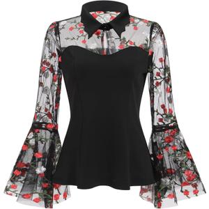Mesh Sheer Bell Sleeve Gothic Tops for Women Goth Blouses Vintage 1950s Ilusion Punk Victorian Blouse Halloween Casual Shirts (Medium, Floral)