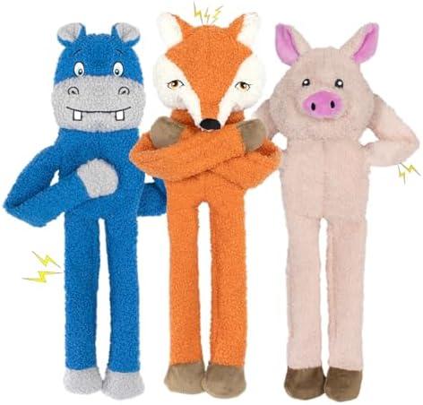CneeeeeB 3 Pack No Stuffing Dog Toys Crinkle Squeaky Interactive Plush Dog Toy, not for Aggressive Chewers, to Keep Them Busy,Shape Orange Fox Pink Pig Blue Hippo