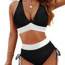 Blooming Jelly Women High Waisted Bikini Sets Tummy Control Swimsuits Color Block Two Piece Drawstring Bathing Suit (Medium, Black062)