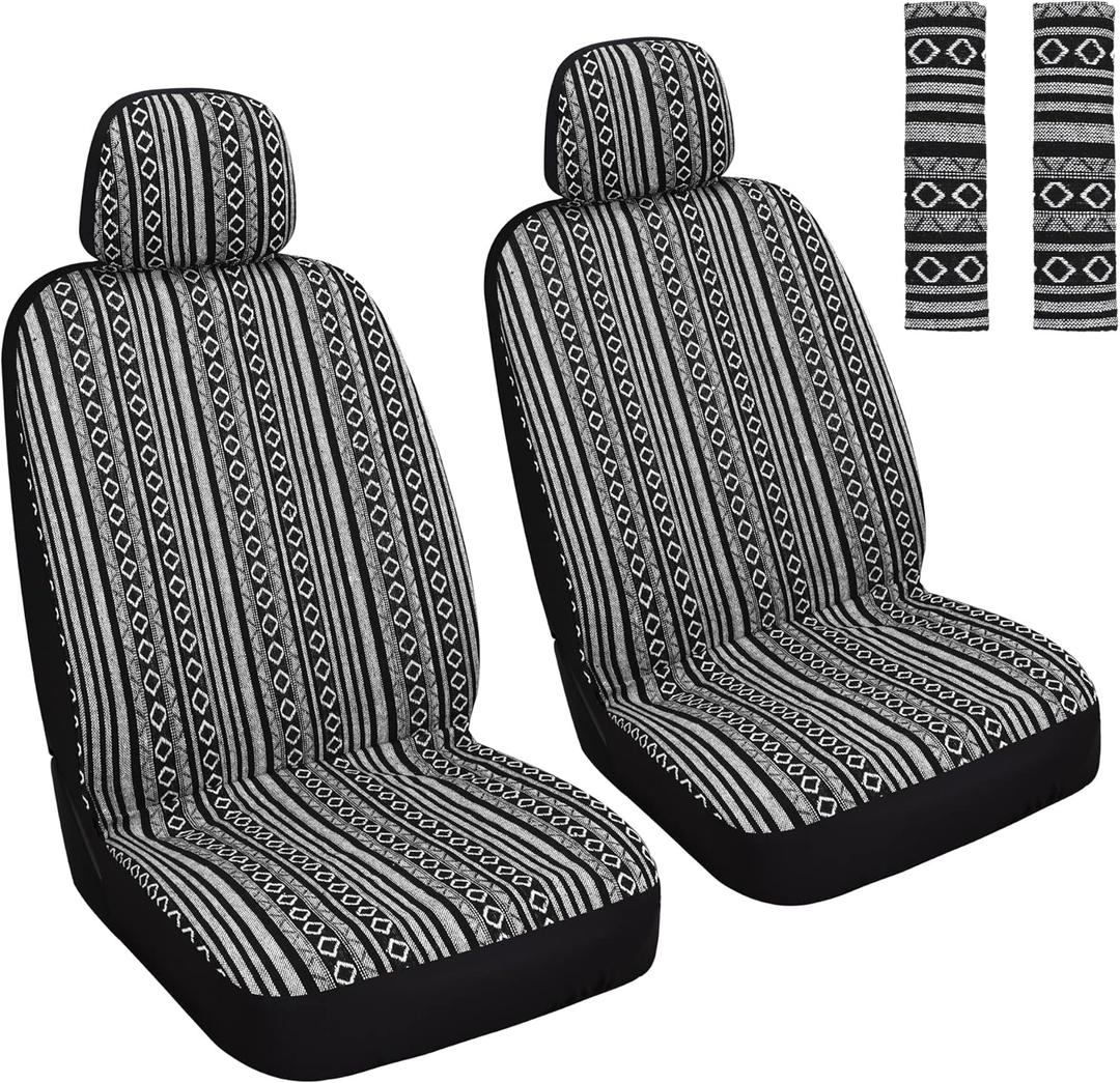 Baja Saddle Blanket Car Seat Covers Front Set with Seat Belt Pads, Washable Breathable Seat Covers for Cars, Universal Fit Interior Covers for Most Cars, Airbag Compatible, Black/White