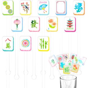 LemonRoad 24 Pcs Mahjong Cocktail Swizzle Sticks, Plastic Mahjong Drink Stirrers, Acrylic Shafts for Cocktail, Coffee, Whiskey Beverage, Crystal Cake, Bars, Restaurants, Cafes, Home (Cute)
