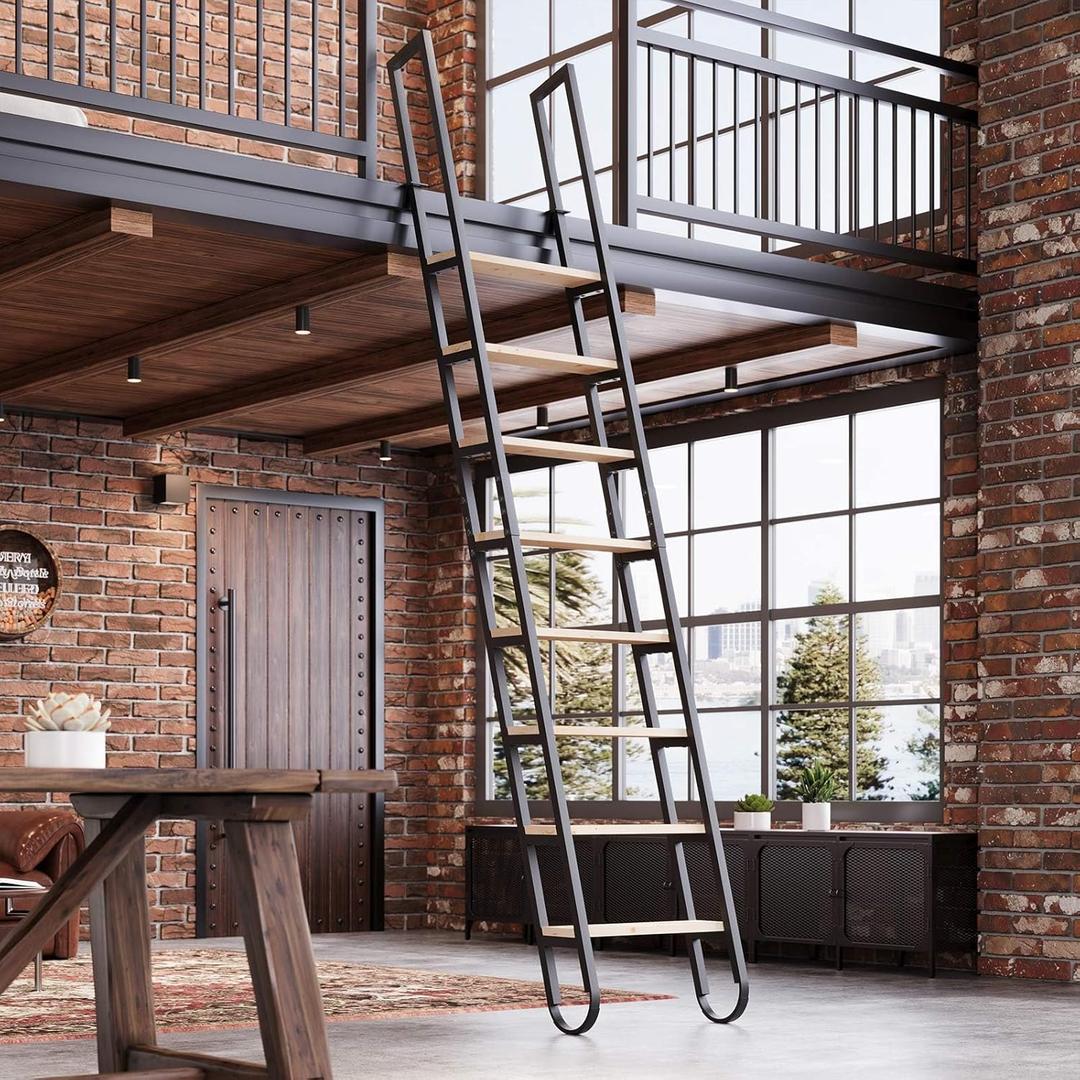 10.35FT Industrial Style Loft Ladder, 8 Steps with Black Steel Handrails & Solid Wood Steps, 450lbs Capacity, Fits 8.2-9FT Installation Height,for Attic, Kitchen, Warehouse, Bookshelf& Outdoor