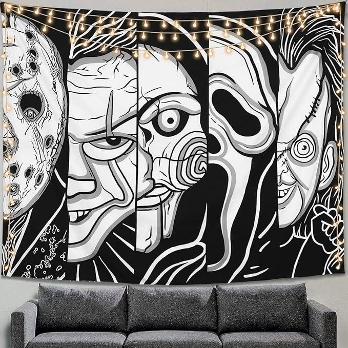 Black White Horror Face Tapestry Trippy Wall Hanging Halloween Decor, Party Tapestry for Bedroom, Living Room (51" x 59")