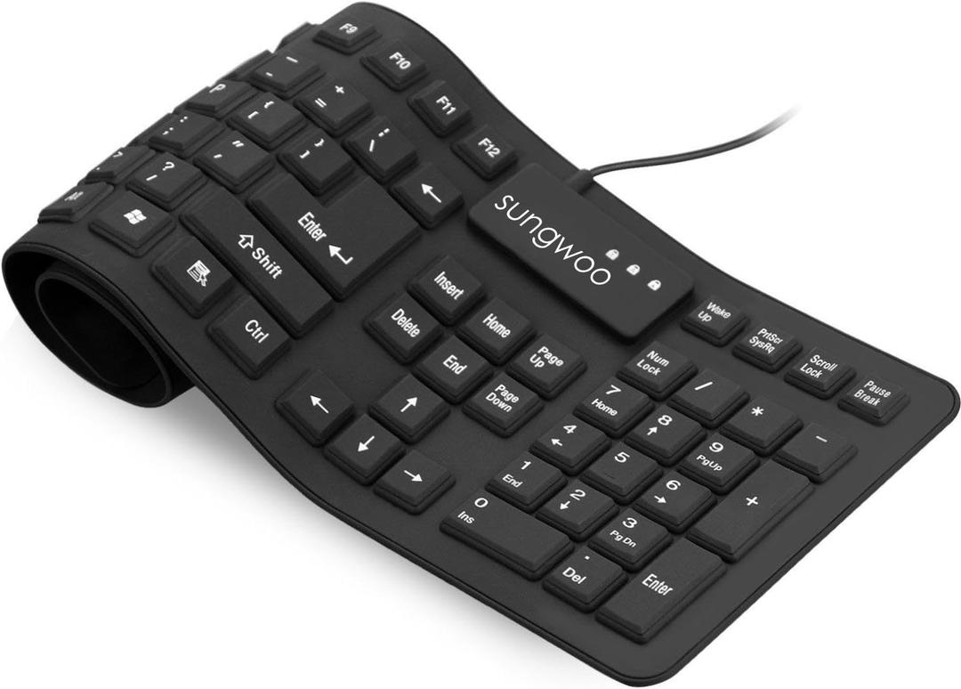 Sungwoo Foldable Silicone USB Wired Standard Waterproof Rollup Keyboard for PC Notebook Laptop, Full Size (Black) Sungwoo Foldable Silicone USB Wired Standard Waterproof Rollup Keyboard for PC Notebook Laptop, Full Size (Black)