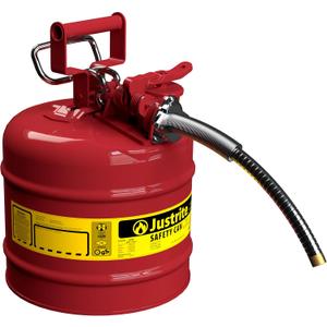 Justrite 2 Gallon Type II Red Safety Gas Can for Gasoline with Flame Arrester, Self-Closing Lid, and 5/8" Flexible Metal Spout, Made in the USA, Galvanized Steel Flammable Storage Can, 7220120