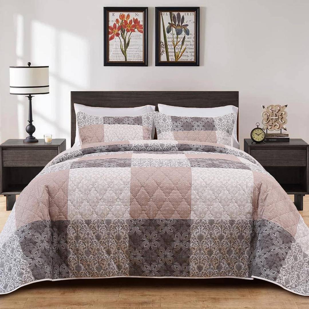 BALAPET Oversized King 128x120 Bedspread for California King Bed, Patchwork Plaid Grey Brown Coverlet Set with 2 Matching Shams, Soft Lightweight Quilted Bedding Set for All Season