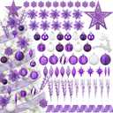 118 Pcs Christmas Tree Ornaments Set Including Ornaments Balls, Hanging Snowflakes Icicle, Mesh Ribbon, Tree Top Star, Flower, Berries Stems for Xmas Trees Holiday Decor (Purple)