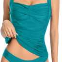 KOKITA Tankini Swimsuits for Women Tummy Control Bathing Suits Halter Ruched Tops Two Piece Swimwear Sets NBlue L