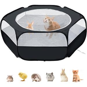 XIRGS Small Animal Playpen, Pet Playpen for Cat/Rabbit/Hamster/Guinea Pig/Bunny/Ferret/Kitten Toys Chick Brooder Box Cage Tent Pop Up Play Pen with Cover, Portable Play Yard Indoor Outdoor Waterproof (Black)