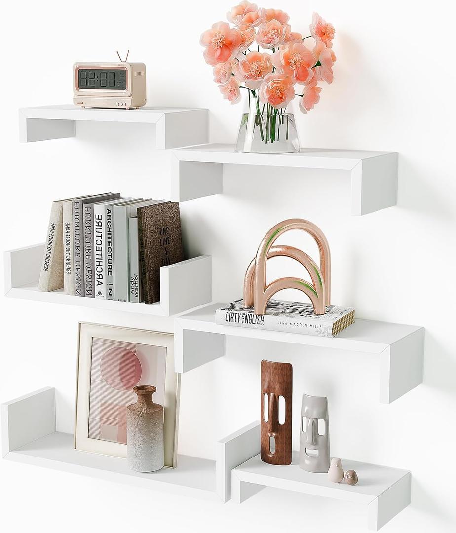 White Floating Shelves for Wall - Set of 6 Wall Shelves Set for Bedroom & Living Room - Modern Display Wood Shelves for Kitchen, Bathroom, Office & Home Decor