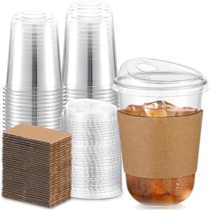 Baderke 50 Sets Clear Plastic Coffee Cups with Sip Lids and Cup Sleeve, Disposable Clear Pet Cups for Iced Coffee Cold Beverage, Shops and Party Catering (16 oz) (EXP 02/04/26)