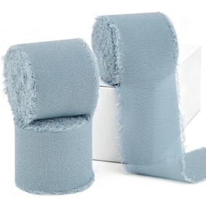Dusty Blue Chiffon Ribbon 1.5" x 21 Yd Handmade Fringe Silk Chiffon Fabric Ribbon for Gift Wrapping Wedding Invitation Bridal Flower Bouquet DIY Crafts Home Decor