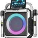 Portable Karaoke Machine, with Wireless Microphones, Bluetooth Party Speaker with LED Lights, Loud Subwoofer, USB/AUX, Outdoor Karaoke Speaker for Adults & Kids, Matte Silver