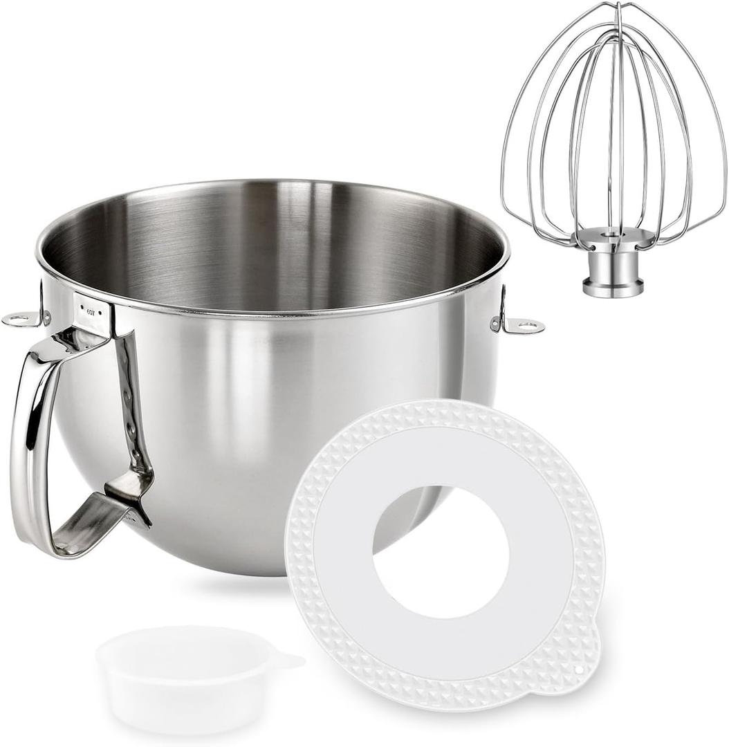 6 QT Stainless Steel Mixer Bowl & K256 Whisk for KitchenAid 5.5-6 Quart Bowl Lift Stand Mixer Replacement, 6 Wire Whip and Mixing Bowl with Cover for KitchenAid Mixers Attachments