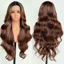 FABLLE Ombre Brown Lace Front Wig Synthetic Wig Brown Highlight Wig Body Wave HD Lace Frontal Glueless Pre Plucked Bleached Knots Skunk Stripe 30 Inch