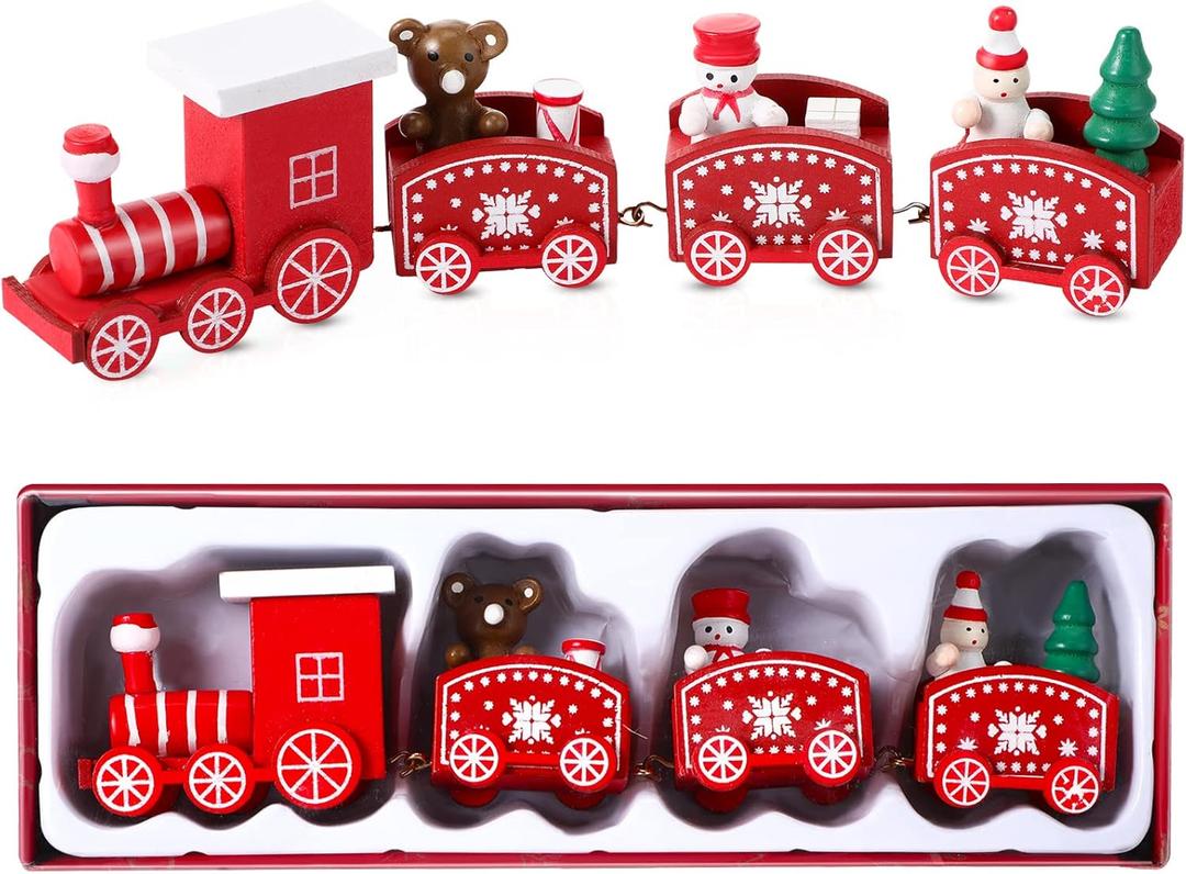 Christmas Train Painted Wooden Christmas Decoration Mini Christmas Tree Train Christmas Decorations Wood Train Decor for Xmas Table Top Ornament for Festival Party Decor (Snowman, Red)