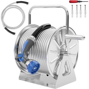 Stainless Steel Garden Hose Reel with 100FT Drinking Water Hose and 6.2FT Leader Pipe, Wall/Floor Mounted Metal Spool with Crank Handle, for Outside, Yard, Patio