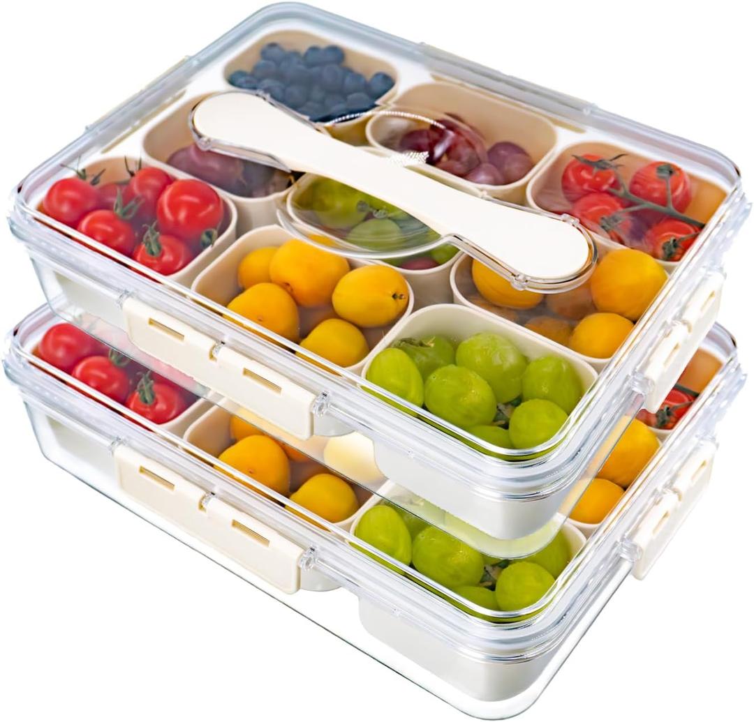 2 PCS Divided Serving Tray with Lid and Handle, 9 Compartments Snacks Box, Snack Box Charcuterie Container for Portable Snack Platters, Fruits, Travel, Party, Picnic