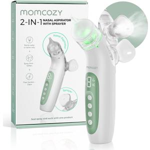 Momcozy BreezyClear 2-in-1 Electric Nasal Aspirator for Baby with Spray, 65kPa Hospital-Grade Suction, 4 Adjustable Levels, Quiet & Portable Nose Cleaner with Soothing Light & Music